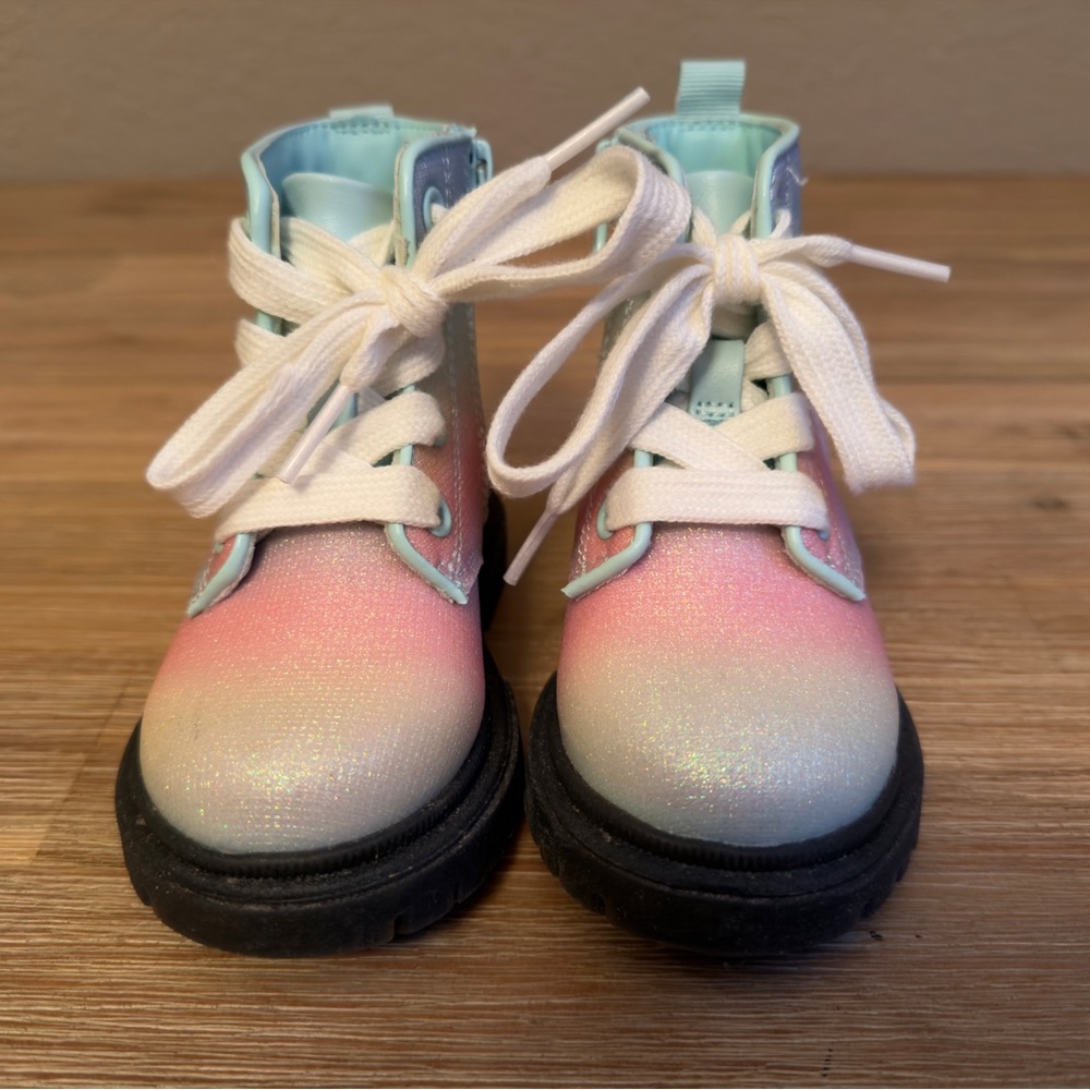 Cat & Jack Combat Boots Amaya Toddler Girls Sz 7 Rainbow Glitter Lace Up - Picture 7 of 12